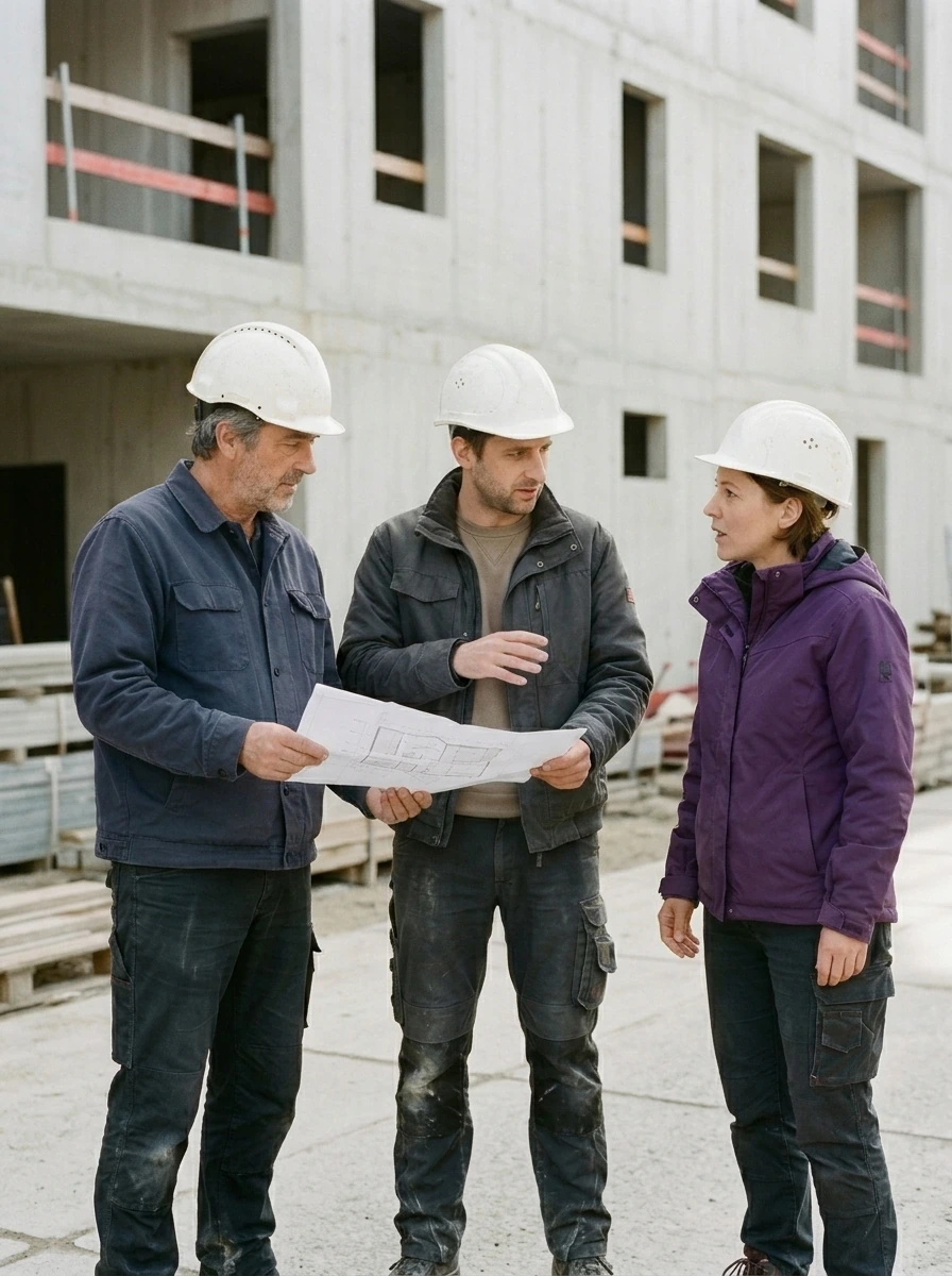 Three people wearing hard hats discuss a construction plan in front of a building under construction.
