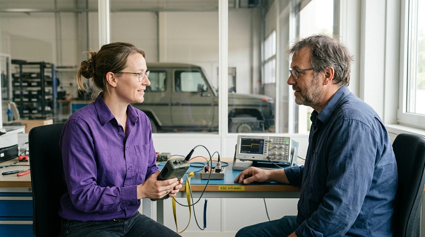 Zwei Personen besprechen technische Komponenten und Unterlagen in einer industriellen Arbeitsumgebung.