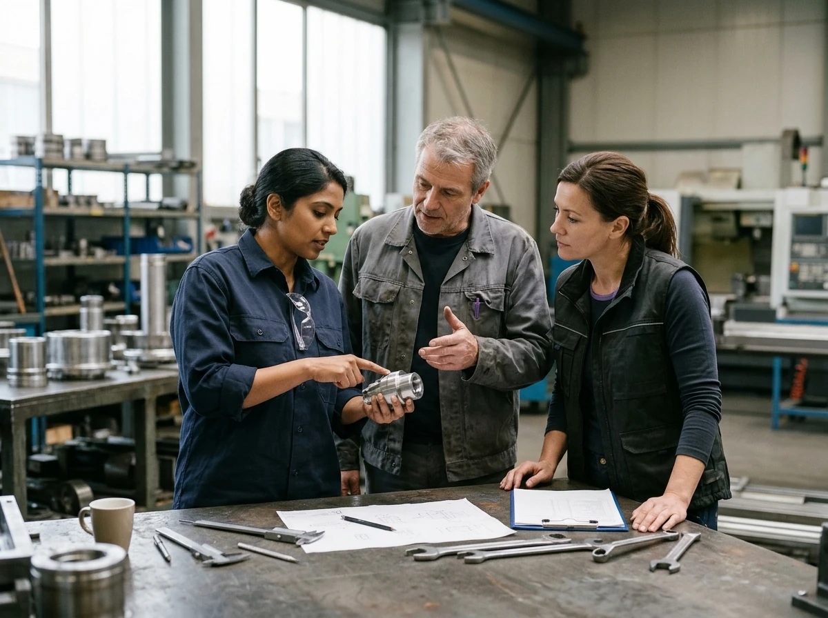 Three people discuss a machined metal component at a workbench with technical documents and measuring instruments.