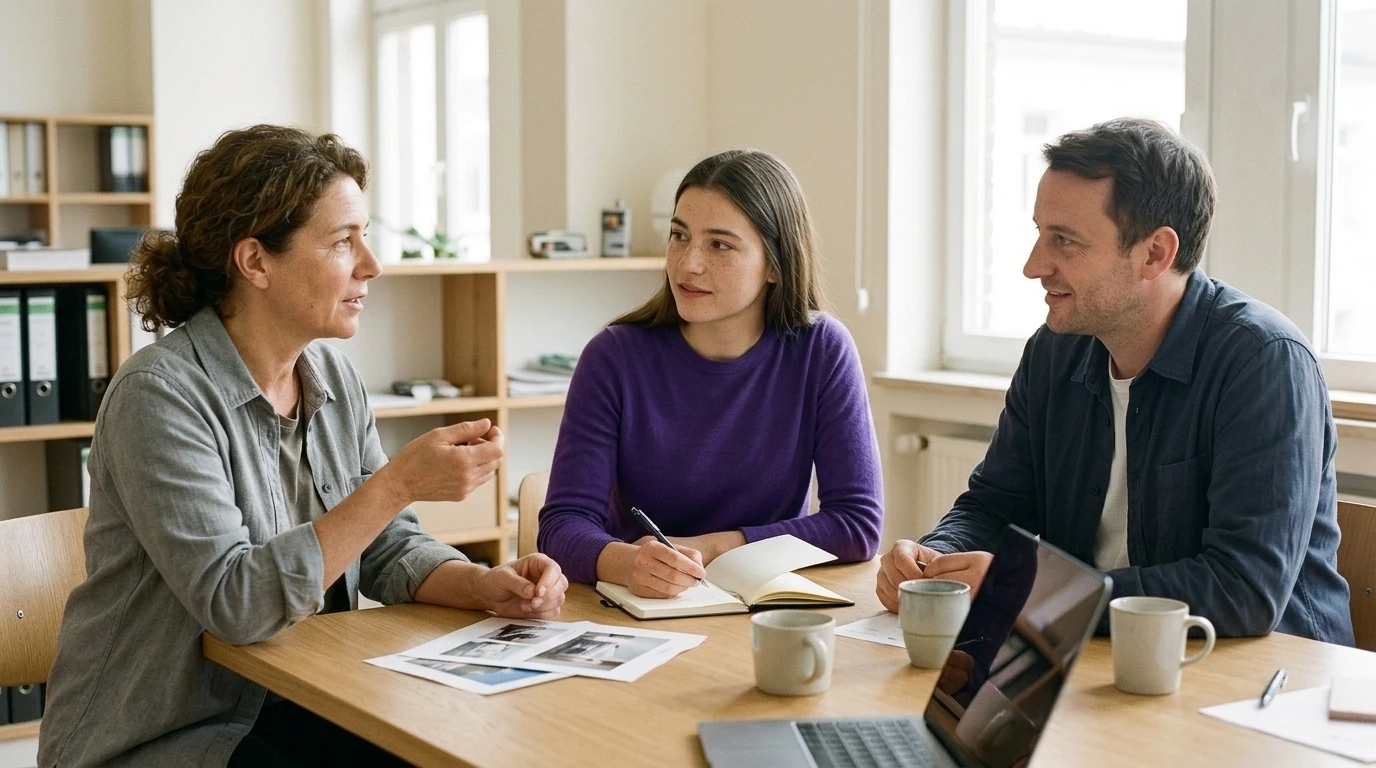 Three people having a conversation at an office table.