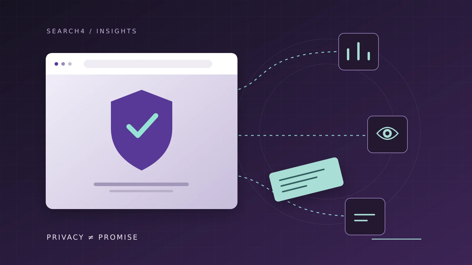 Editorial illustration: a browser window with a shield is connected to several external services through data paths.