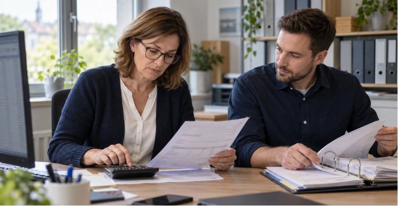 Two people review documents at a desk with a calculator and an open binder.