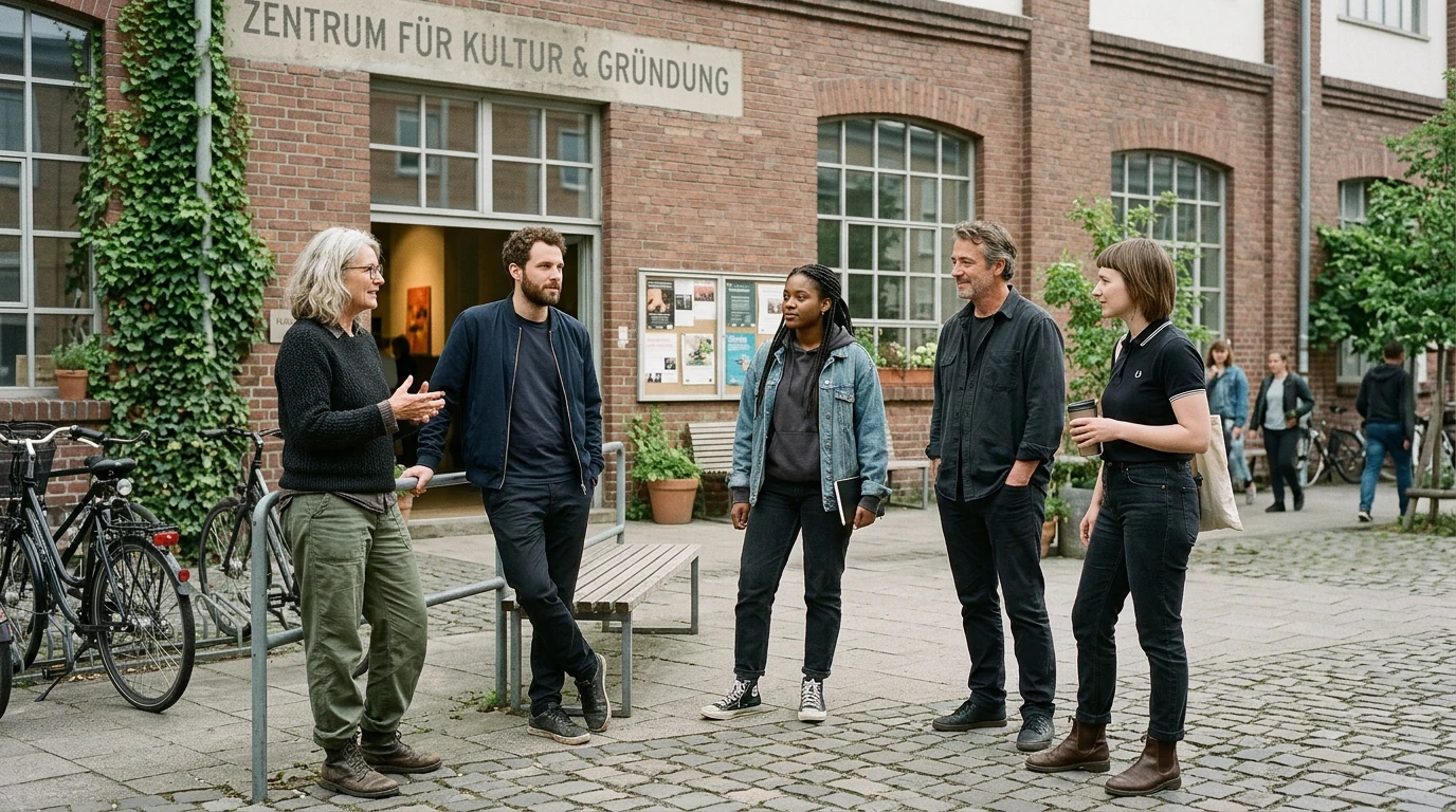 A group talking outside a centre for culture and entrepreneurship.