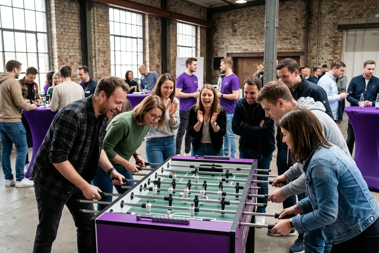 Illustrative Eventszene: Erwachsene verschiedener Altersgruppen spielen gemeinsam Tischfußball und tauschen sich aus.