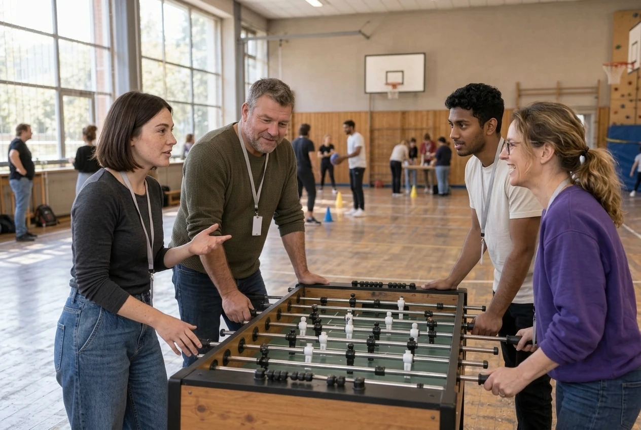 Illustrative Eventszene: Erwachsene verschiedener Altersgruppen spielen gemeinsam Tischfußball und tauschen sich aus.