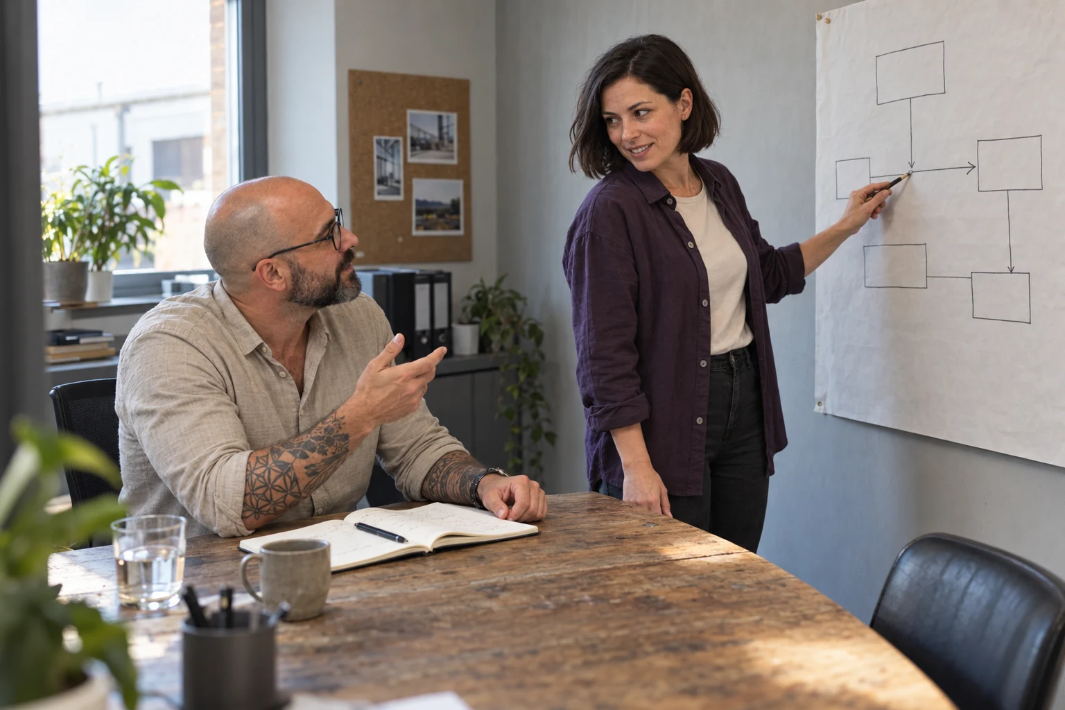 A woman explains a project workflow while her conversation partner asks an attentive follow-up question.