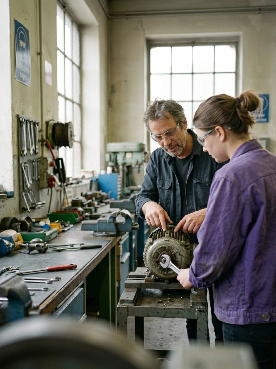 Two specialists wearing safety glasses work together on a motor in a workshop.