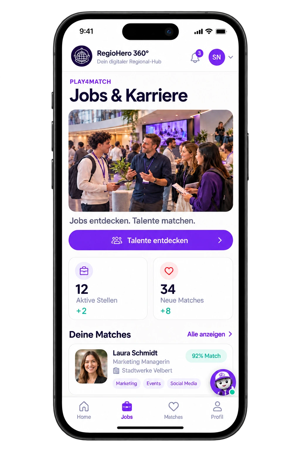 Frontale Smartphone-Konzeptansicht für Jobs und Matching innerhalb von RegioHero 360°.