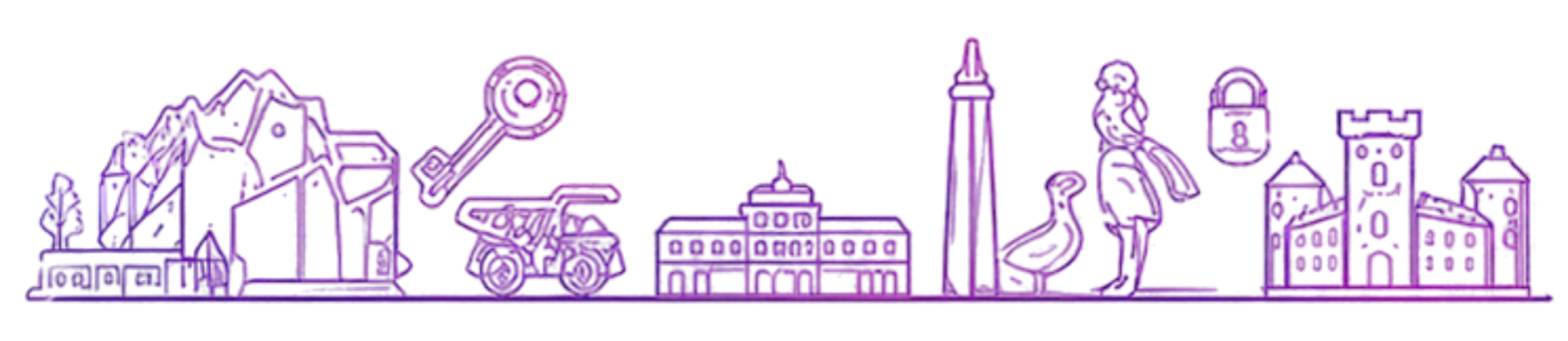 Wahrzeichen und regionale Motive des Kreises Mettmann als violette Liniengrafik.