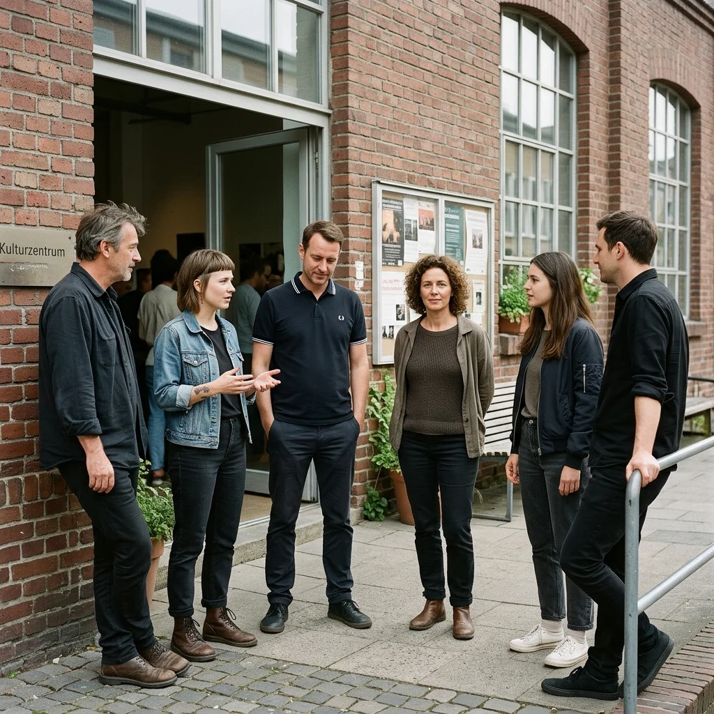 Sechs Menschen im persönlichen Austausch vor einem Kulturzentrum.