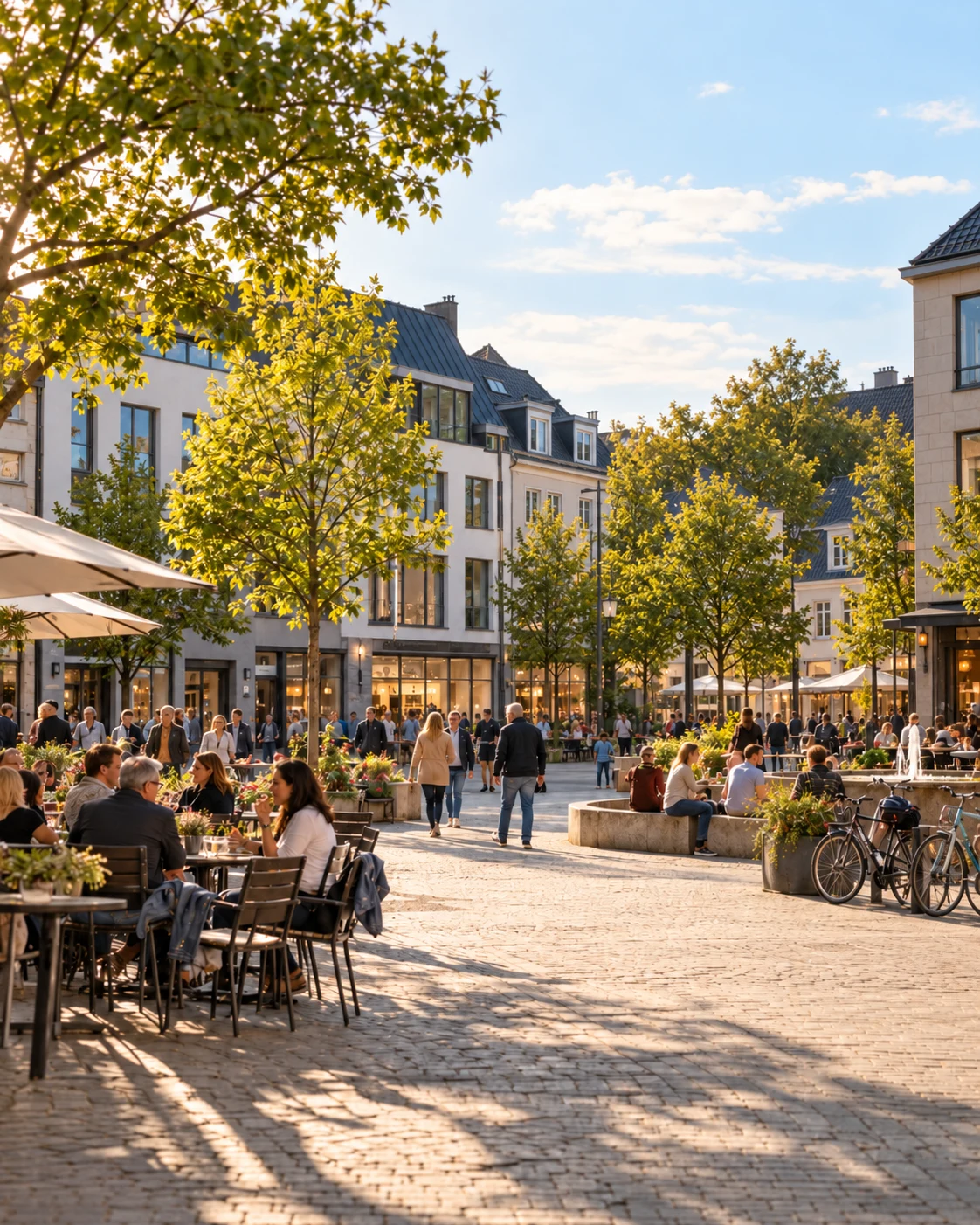 Belebter Stadtplatz mit Cafés, Grünflächen und Menschen
