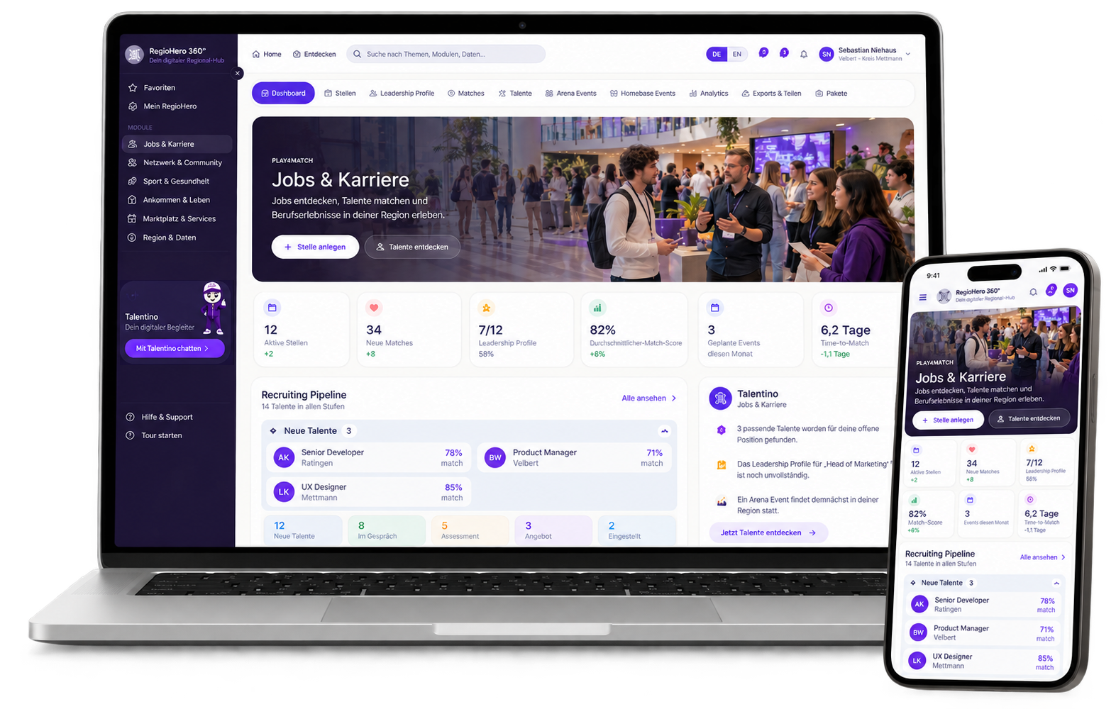 RegioHero-Konzeptansicht: Jobs & Karriere auf Laptop und Smartphone.