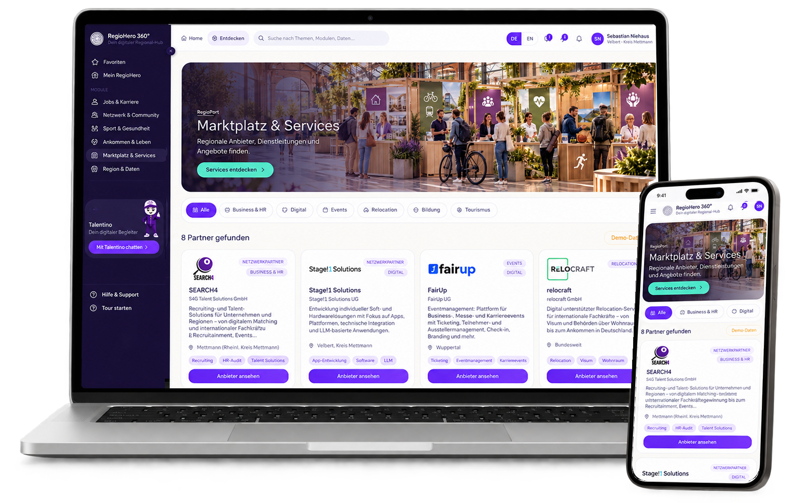 RegioHero-Konzeptansicht: Marktplatz & Services auf Laptop und Smartphone.