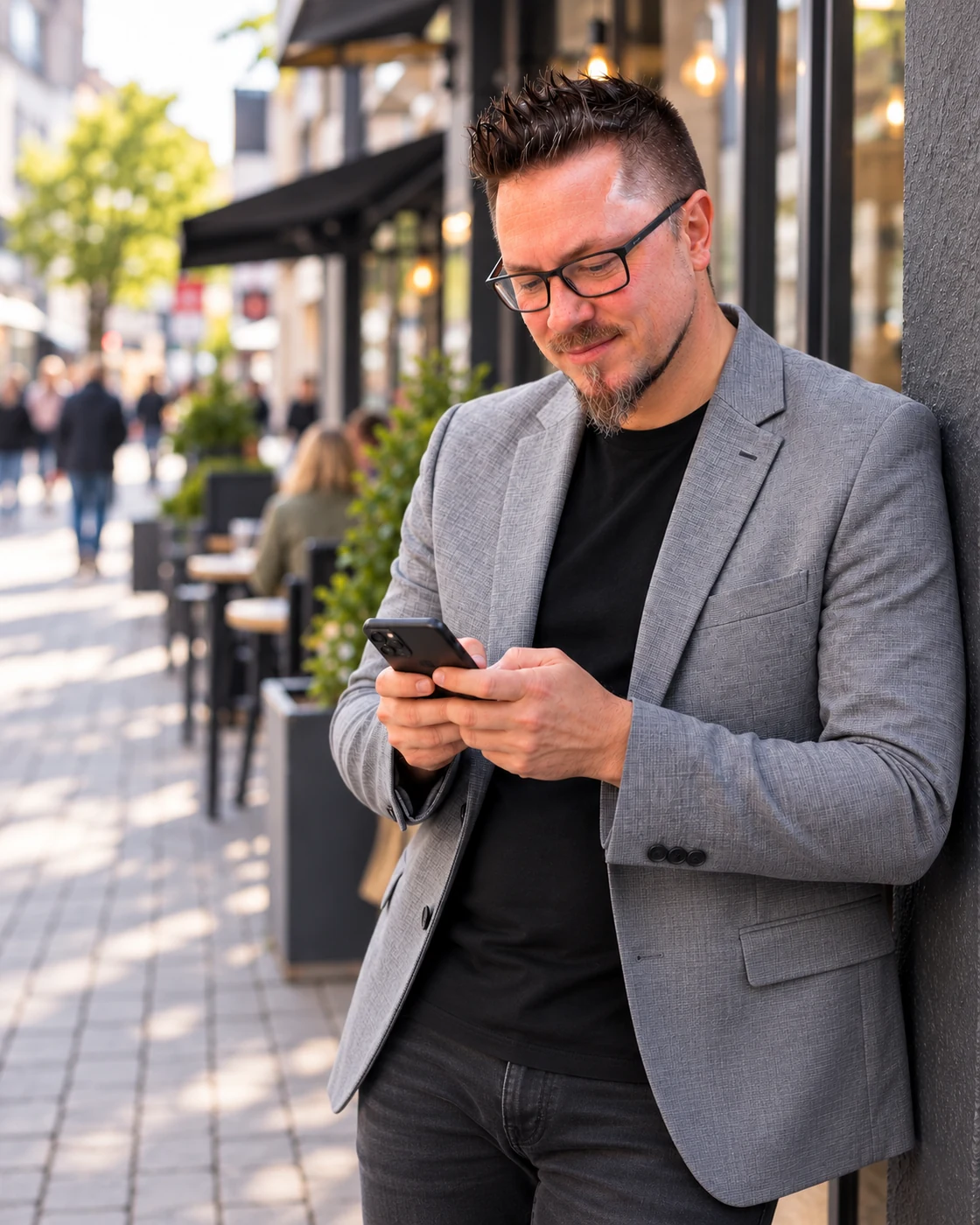 Sebastian Niehaus using a smartphone outside a café